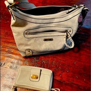 B.O.C. Gray purse. Shoulder strap. Side zip pockets.